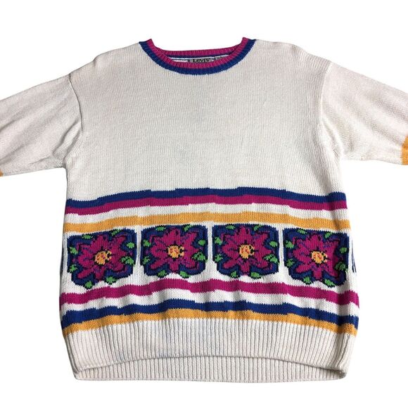 Vintage Levis Sweater Womens Small Floral Oversized Knit Short Sleeve 80s 90s - Picture 2 of 13